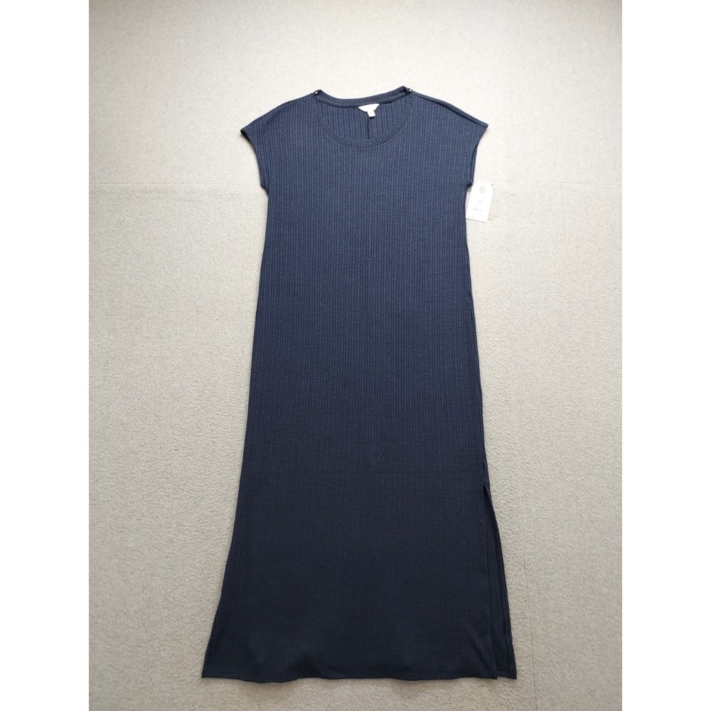 Time And True Women Dress M Navy Blue Round Neck Cap Sleeve Pullover Slit Casual